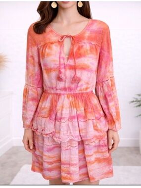 Ciebon Eyelet Mini Dress Medium Pink Orange TieDye LongSleeve Ruffle Boho size S